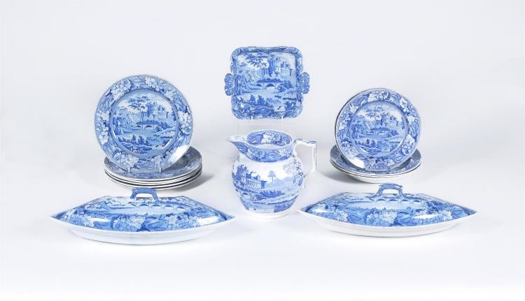 The remnants of a Riley Semi-China blue and white printed dinner service