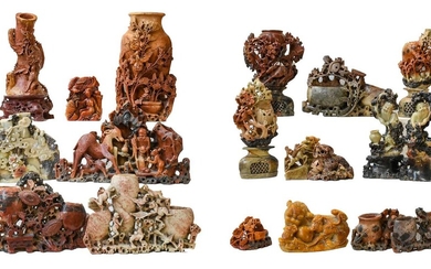 A group of 20th century Oriental soapstone carvings, including,...