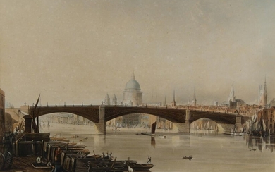 Thomas Sutherland, British c.1785-1838- Southwark Iron Bridge as seen from Bankside; hand-coloured aquatint, published Jan. 1 1819 at R. Ackermann's Repository of Arts, 101 Strand, 28 x 50.5 cm