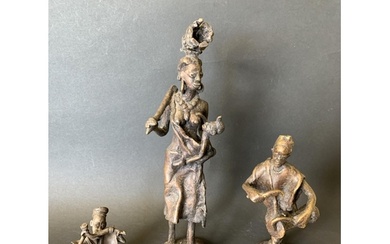 Three vintage African bronze figurines (possibly Benin), the...