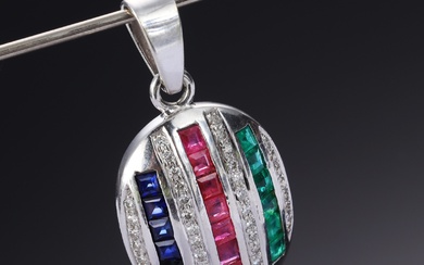 Tricolor pendant in 9 kt. white gold with sapphires, rubies, emeralds and diamonds