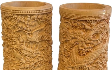 Twin Chinese Boxwood Wood Carving Pen Holder