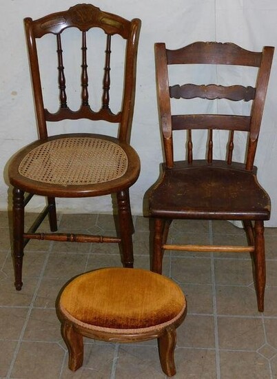 Two Antique Side Chairs & Foot Stool