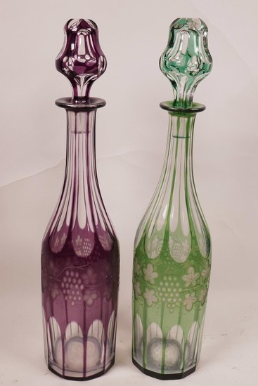 Two Bohemian overlay cut glass wine decanters, 14" high
