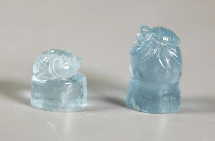 Two Chinese Carved Aquamarine Seals, Bug & Fish