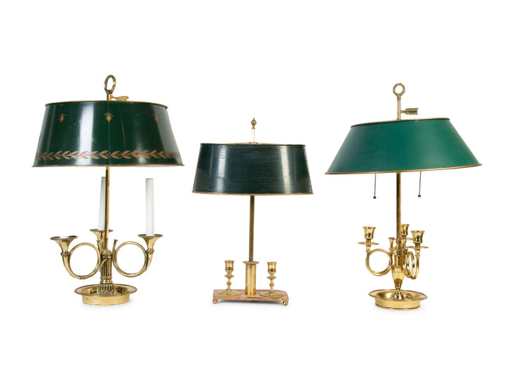 Two French Empire Style Bouillotte Lamps with Tole Shades