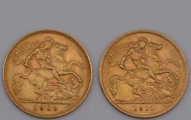 Two Gold Half Sovereigns, Edward VII 1908, George V 1911.