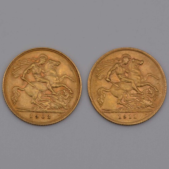 Two Gold Half Sovereigns, Edward VII 1908, George V 1911.
