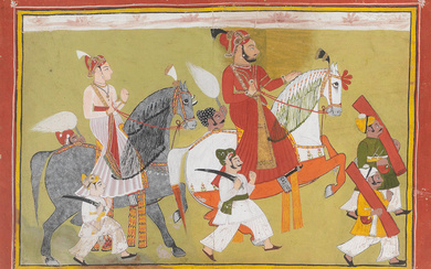 Two princes on horseback accompanied by attendants on foot Rajasthan,...