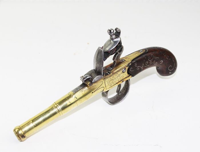 United Kingdom - HALL LONDON - Rare Antique Late 1700s Brass Barrel - Muzzleloaded, including ramrod and powder pouch - Flintlock Pistol