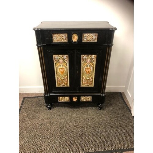 Unusual 19th C. ebonised and gilded side cabinet with decora...