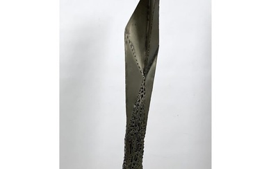 VOLKMAR HAASE Modernist Metal Sculpture. Tall Form with Textured and Smooth Finishes. Paper attached