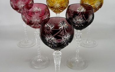 Val Saint-Lambert, set of six colored and clear crystal glasses with a high stem. 1940-1945 Hand sanding. Fine work. Multifaceted grinding. No chips. Model BERNCASTEL. Val Saint Lambert is a Belgian crystal glassware manufacturer, founded in 1826 and...