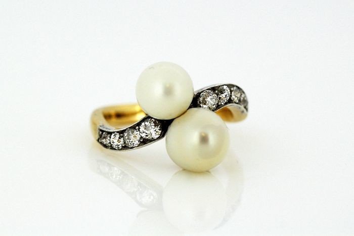 Victorian - 15 kt. Freshwater pearls, Yellow gold - Ring - Diamonds
