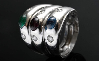 White gold 585 band ring consisting of three rings with ruby, sapphire and emerald cabochons as well as brilliants (together approx. 0.36ct/VSI-SI/W-TCR), 12,3g, size 53, heavy wear marks