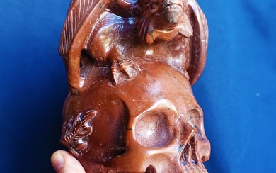 Winged Dragon on Skull Sculpture, Hand Carved - Superrealistic Series - Carved skull - Grass Flower Jaspe - 17 cm - 13 cm - 9 cm