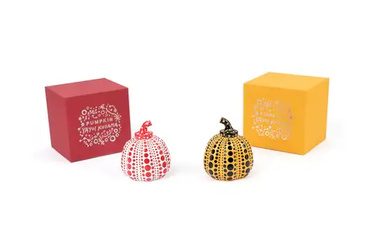 Yayoi Kusama,Japanese b.1929-Pumpkins, 2015;two painted cast resin sculptures in yellow and red,...