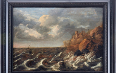 Hendrick Staets, Ships on stormy seas near a rocky coast